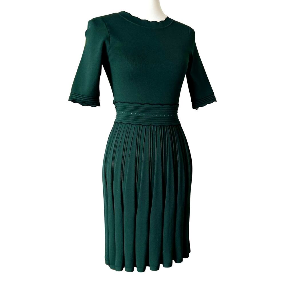 Ted Baker Forest Green Knit Skater Dress XS – Sculpted Pleats, Scallop Trim